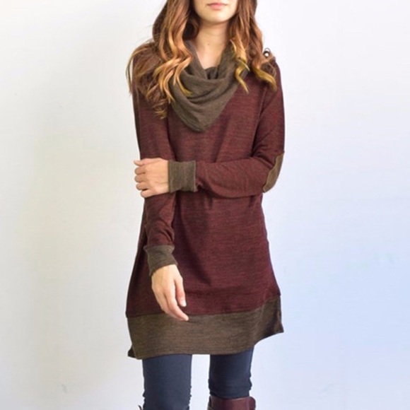 Elbow Patch Cowl Neck Faux Layers Colorblock Tunic - Picture 2 of 6